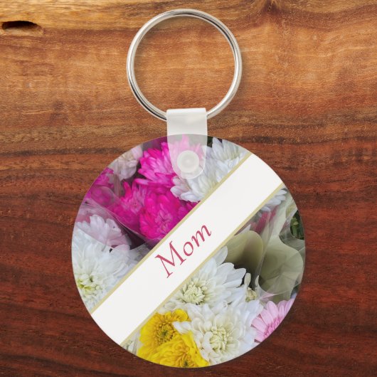 Pastel Floral Pink, Geel en Wit Chrysanthemum Sleutelhanger (Achterkant)