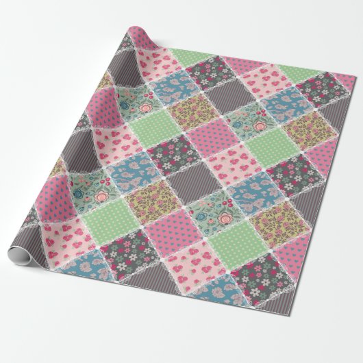 Pastel Floral Quilt Squares Cadeaupapier (Uitgerold)
