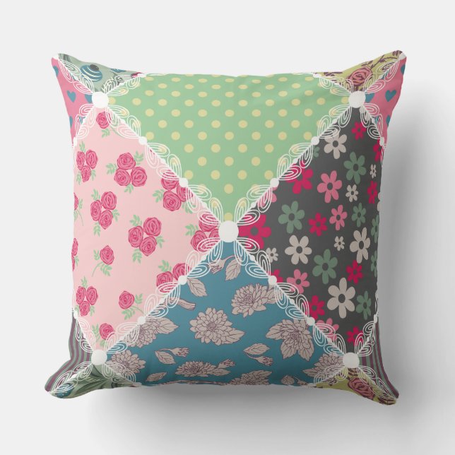 Pastel Floral Quilt Squares Kussen (Voorkant)