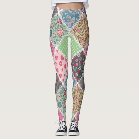 Pastel Floral Quilt Squares Leggings (Voorkant)