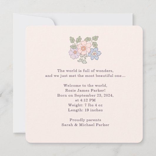 Pastel floral roze Baby Geboorteaankondiging Aankondiging (Achterkant)