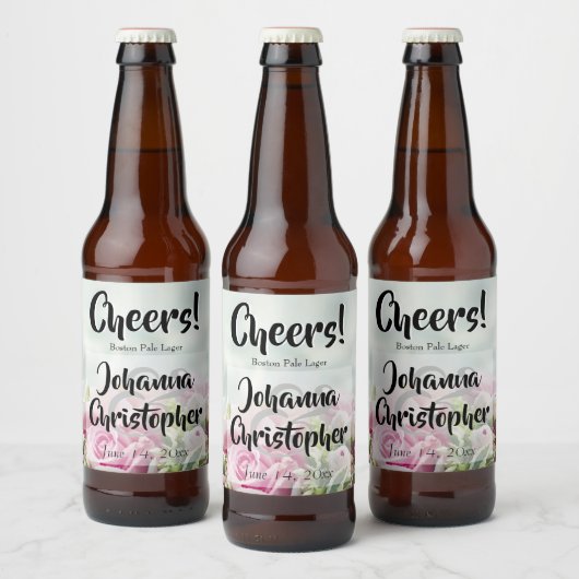 Pastel Floral roze Roses Cheers Fun Wedding Bier Etiket (Flessen)