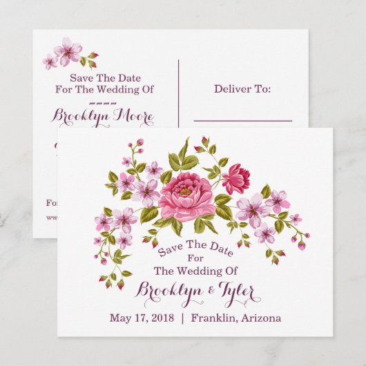 Pastel Floral "Save the Date" Aankondigingskaart (Voorkant / Achterkant)