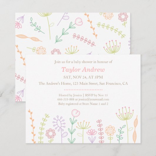 Pastel Floral Spring Baby Shower-uitnodigingen Kaart (Voorkant / Achterkant)