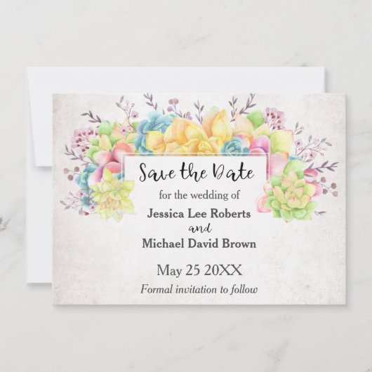 Pastel Floral Succulents Save the Date Aankondiging (Voorkant)