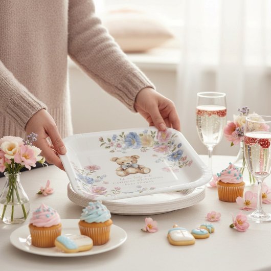 Pastel Floral Teddy Bear "We Can Bearly Wait" Show Papieren Bordje