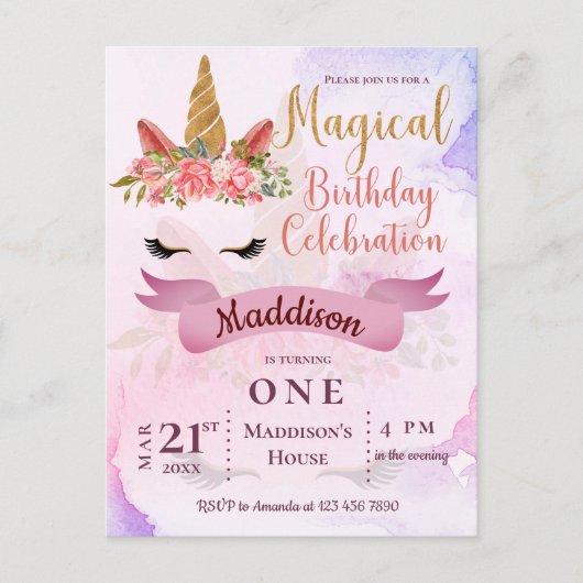 Pastel Floral Unicorn Kinder eerste verjaardag Uitnodiging Briefkaart (Voorkant)
