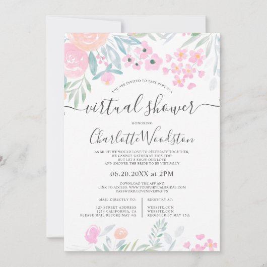 Pastel floral waterverf script virtual shower kaart (Voorkant)