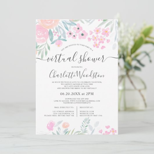 Pastel floral waterverf script virtual shower kaart (Staand voorkant)