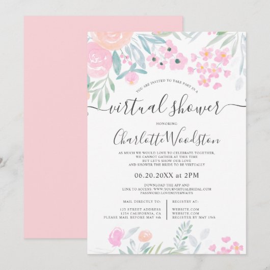 Pastel floral waterverf script virtual shower kaart (Voorkant / Achterkant)