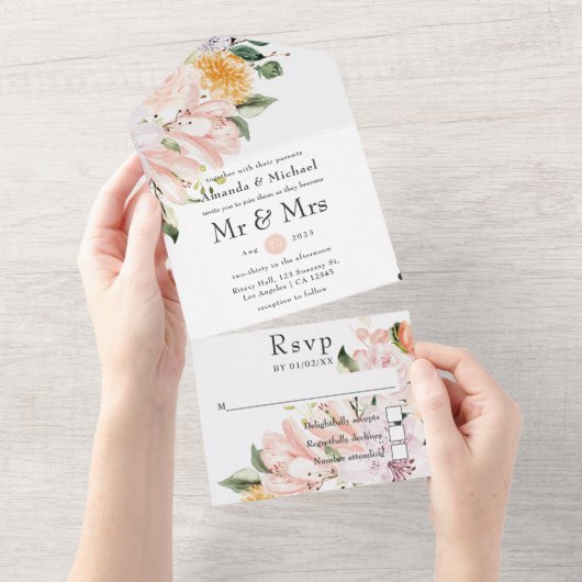 Pastel Floral Wedding All In One Uitnodiging (Afscheurbaar)