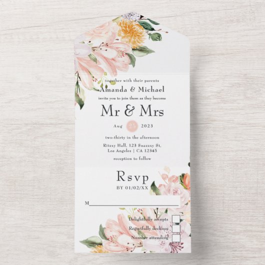 Pastel Floral Wedding All In One Uitnodiging (Binnen)