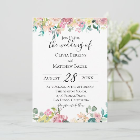 Pastel Floral Wedding Invitation Kaart (Staand voorkant)