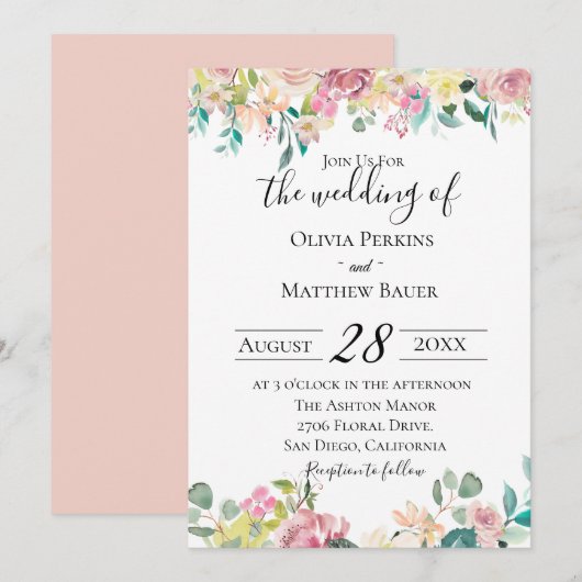 Pastel Floral Wedding Invitation Kaart (Voorkant / Achterkant)