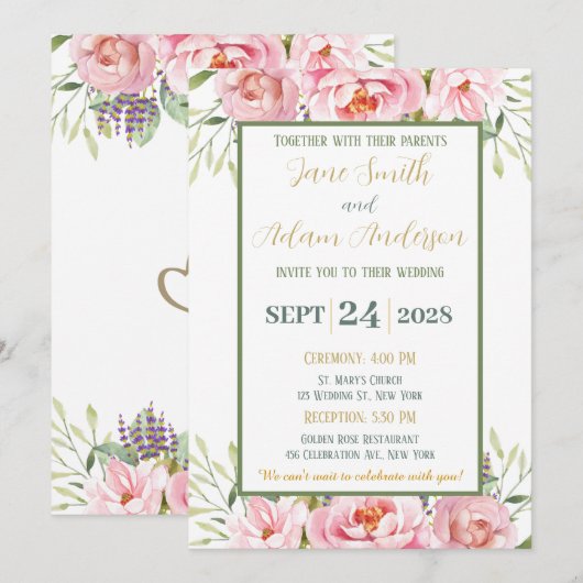 Pastel Floral Wedding Invitation Kaart (Voorkant / Achterkant)