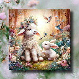 Pastel Floral Woodland Bunny Lamb Christelijk Pase Feestdagenkaart