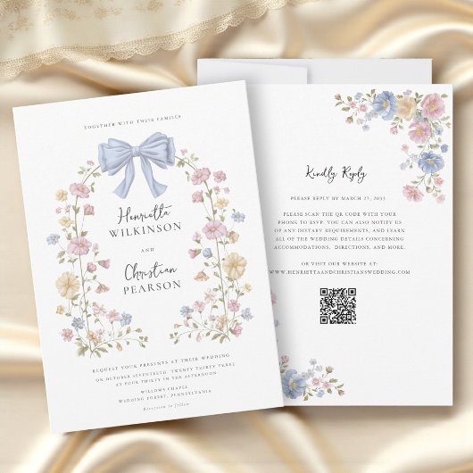 Pastel Floral Wreath QR Code Wedding Website Kaart