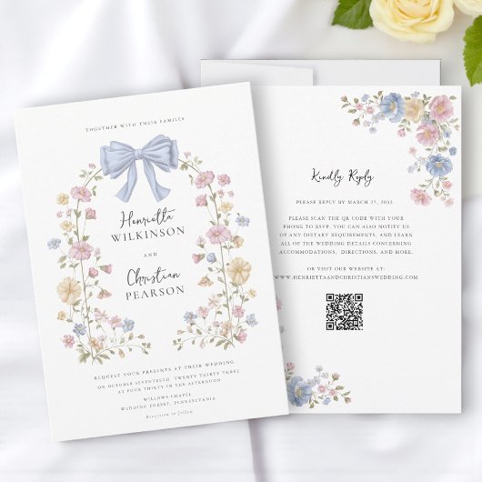 Pastel Floral Wreath QR Code Wedding Website  Kaart