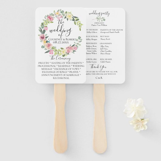Pastel Floral Wreath Trouwprogramma Fans Handwaaier (Voorkant en achterkant)