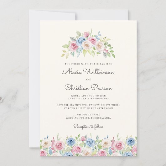 Pastel Floral Wreath Wedding Invitation Kaart (Voorkant)