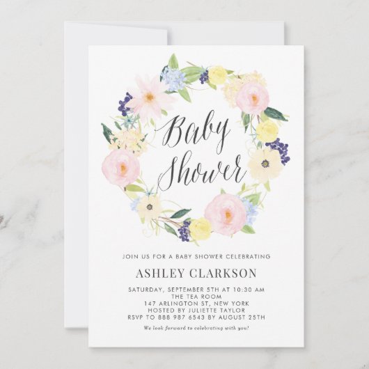 Pastel Floral Wreator Baby shower Invitation Kaart (Voorkant)