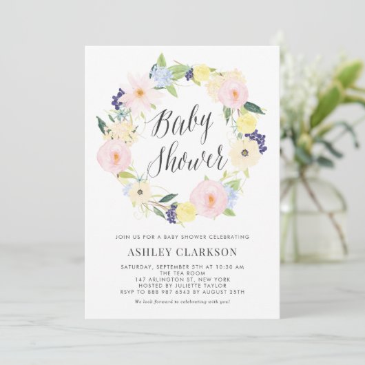 Pastel Floral Wreator Baby shower Invitation Kaart (Staand voorkant)