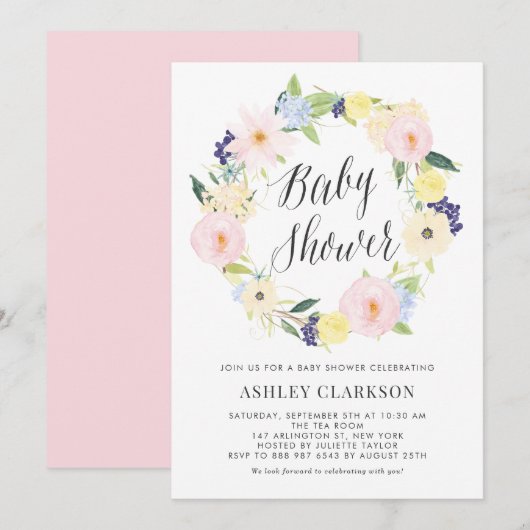 Pastel Floral Wreator Baby shower Invitation Kaart (Voorkant / Achterkant)