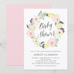 Pastel Floral Wreator Baby shower Invitation Kaart