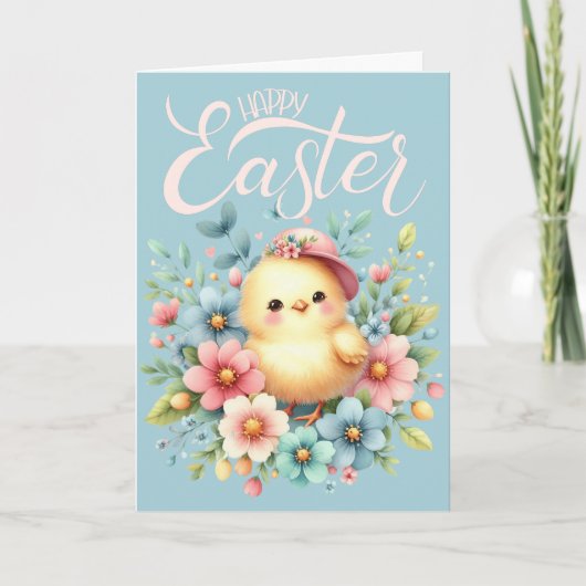  Pastel Florals & Chick Custom Happy Easter Feestdagen Kaart (Voorkant)