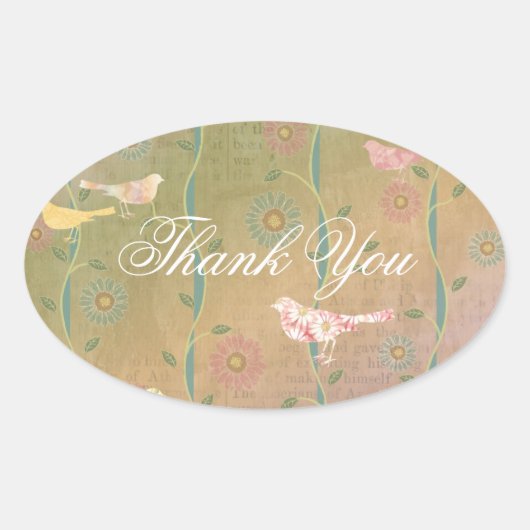 Pastel Flower Birds Dank u ovale Sticker (Voorkant)