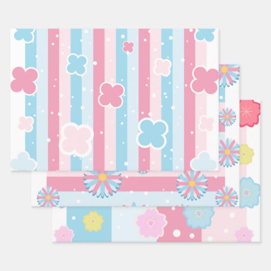 Pastel Flower Blossom Stripes Sakura Theme Inpakpapier Vel (Set)