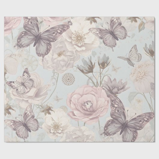 Pastel Flower & Butterfly matte  Wrapping Paper Cadeaupapier (Vlak)
