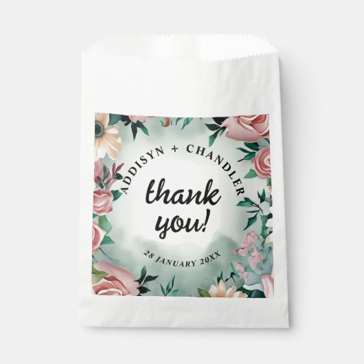 Pastel Flower Elegance: Sage Green Bloemen Huwelij Bedankzakje (Voorkant)