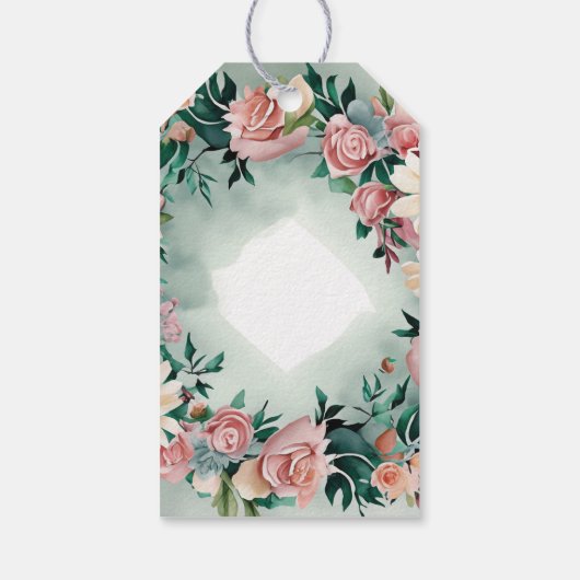 Pastel Flower Elegance: Sage Green Bloemen Huwelij Cadeaulabel (Achterkant)