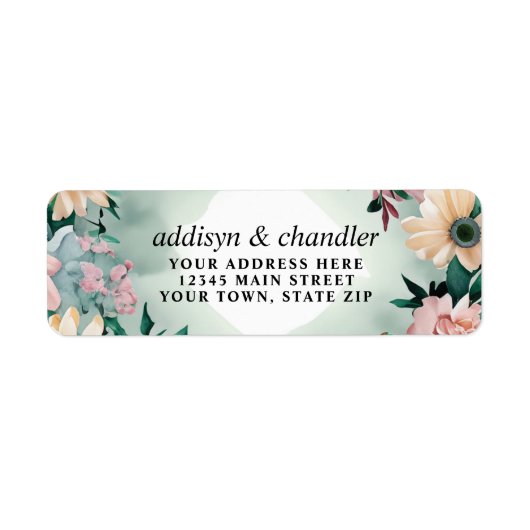 Pastel Flower Elegance: Sage Green Bloemen Huwelij Etiket (Voorkant)