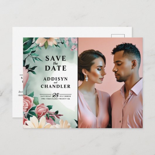 Pastel Flower Elegance: Sage Green Bloemen Huwelij Feestdagenkaart (Voorkant / Achterkant)