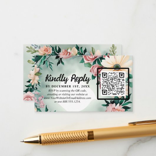 Pastel Flower Elegance: Sage Green Bloemen Huwelij Informatiekaartje (Voorkant / Achterkant in situ)