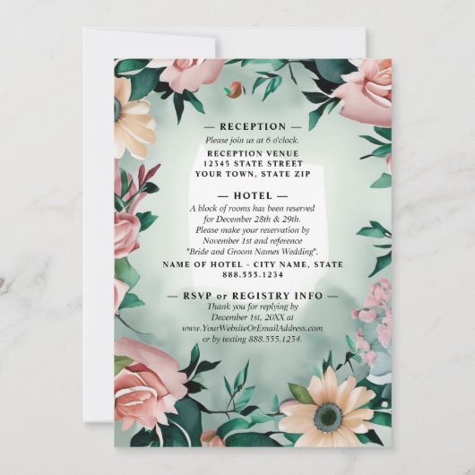 Pastel Flower Elegance: Sage Green Bloemen Huwelij Kaart (Achterkant)