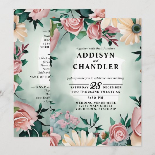 Pastel Flower Elegance: Sage Green Bloemen Huwelij Kaart (Voorkant / Achterkant)
