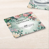 Pastel Flower Elegance: Sage Green Bloemen Huwelij Kartonnen Onderzetters (Schuin)