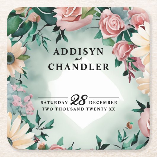 Pastel Flower Elegance: Sage Green Bloemen Huwelij Kartonnen Onderzetters (Voorkant)
