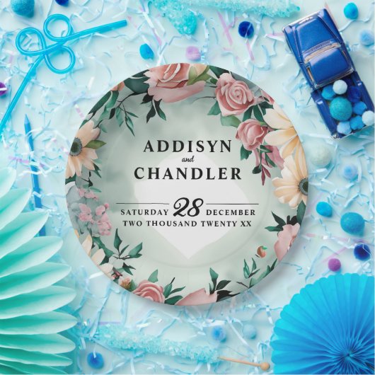 Pastel Flower Elegance: Sage Green Bloemen Huwelij Papieren Bordje (Feest)