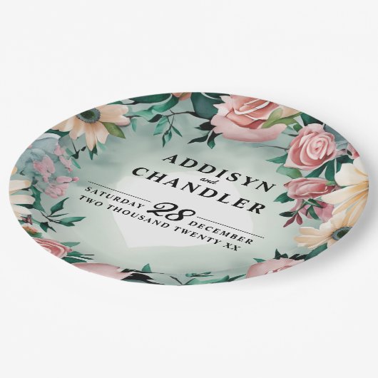Pastel Flower Elegance: Sage Green Bloemen Huwelij Papieren Bordje (Gekanteld)