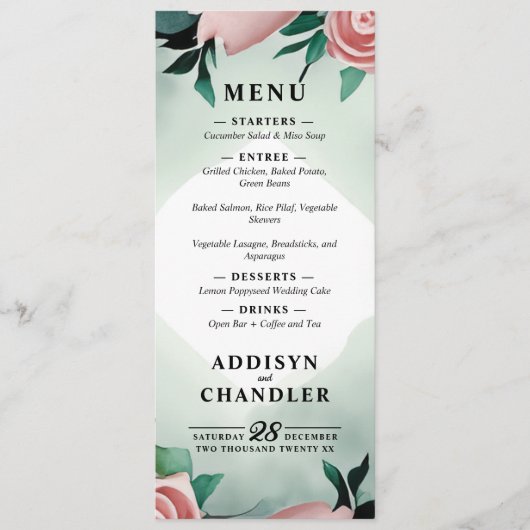 Pastel Flower Elegance: Sage Green Bloemen Huwelij Programmakaart (Voorkant)