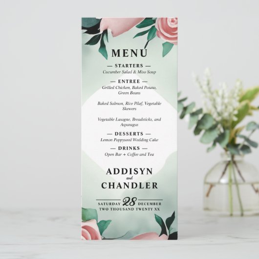 Pastel Flower Elegance: Sage Green Bloemen Huwelij Programmakaart (Staand voorkant)