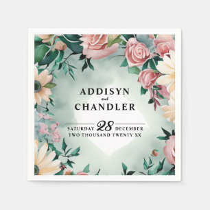 Pastel Flower Elegance: Sage Green Bloemen Huwelij Servet