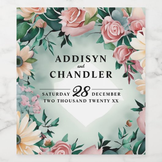 Pastel Flower Elegance: Sage Green Bloemen Huwelij Wijn Etiket (Enkel label)