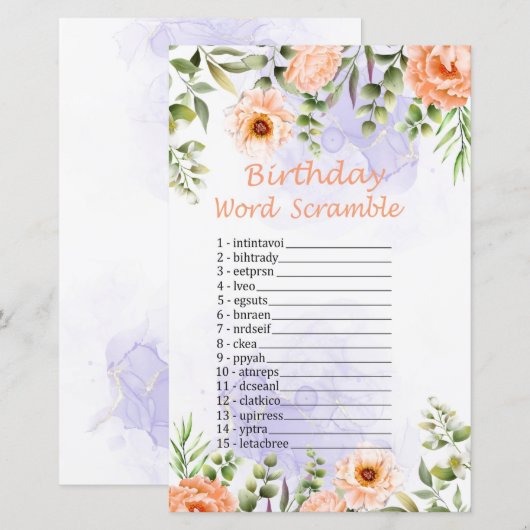 Pastel Flowers Birthday Word Scramble Game (Voorkant / Achterkant)