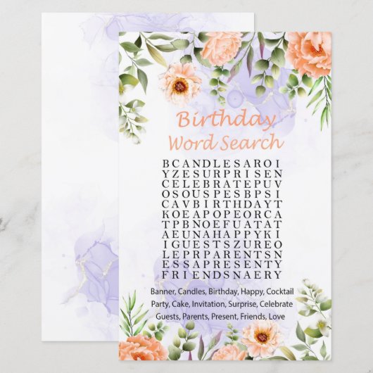 Pastel Flowers Birthday Word Search Game (Voorkant / Achterkant)