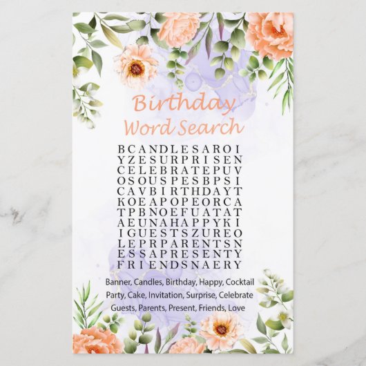 Pastel Flowers Birthday Word Search Game (Voorkant)